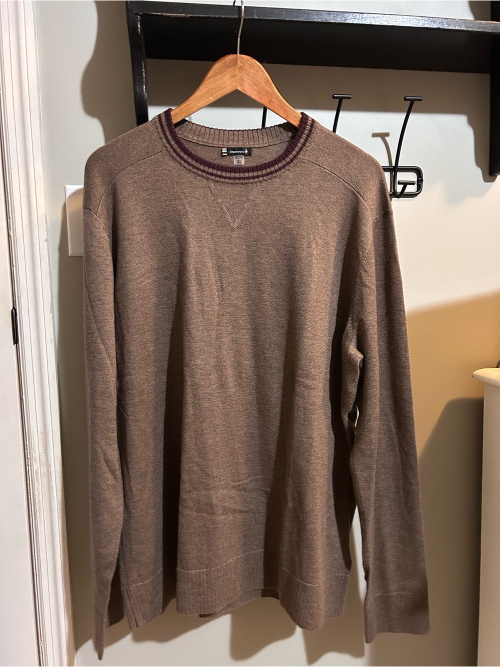 Smartwool Men's Crewneck Sweater in Taupe with Burgundy Trim